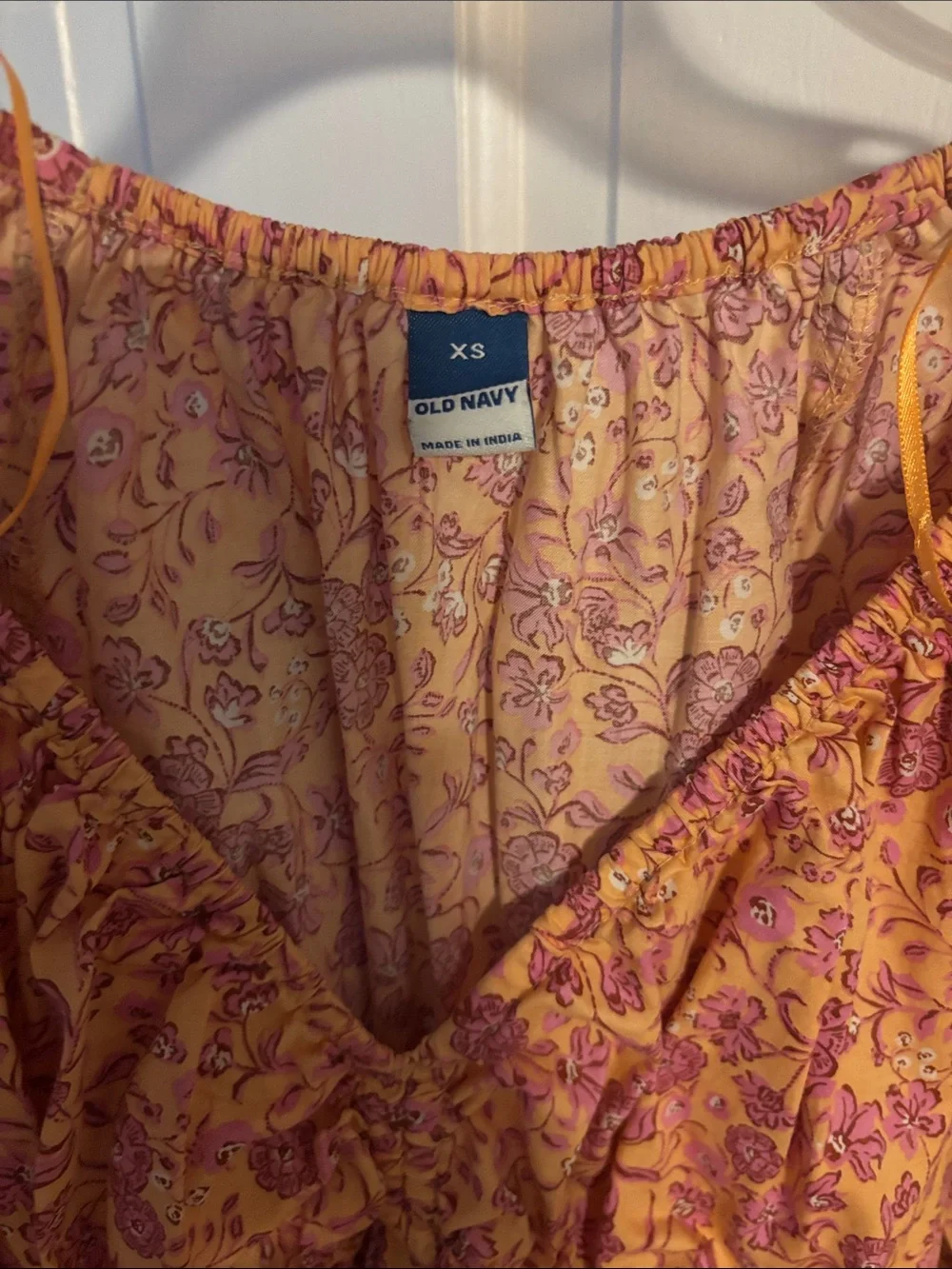 Old Navy orange and pink Floral Puff-Sleeve Smocked Blouse